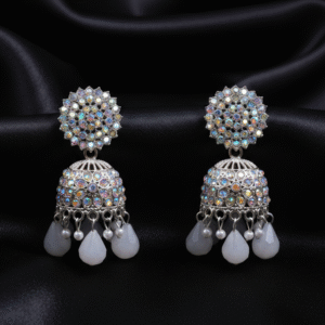 Iridescent AD Jhumka Earrings with Grey Drops.