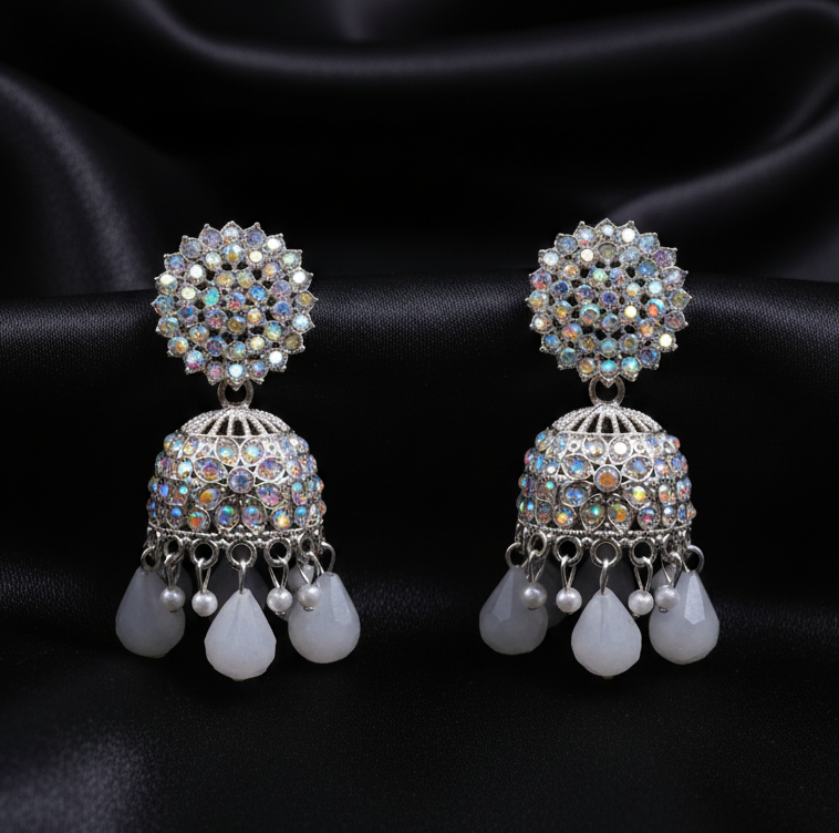 Iridescent AD Jhumka Earrings with Grey Drops.