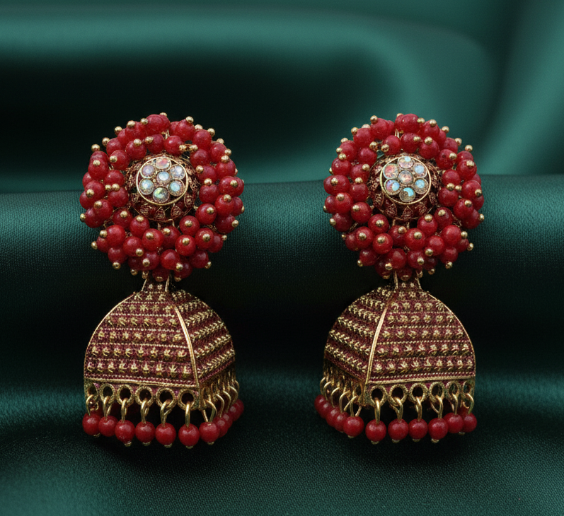 Antique Red Beaded Jhumkas.