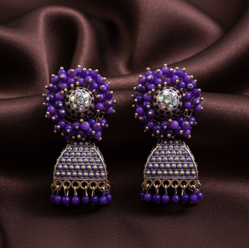 Vibrant Purple Beaded Jhumka Earrings.